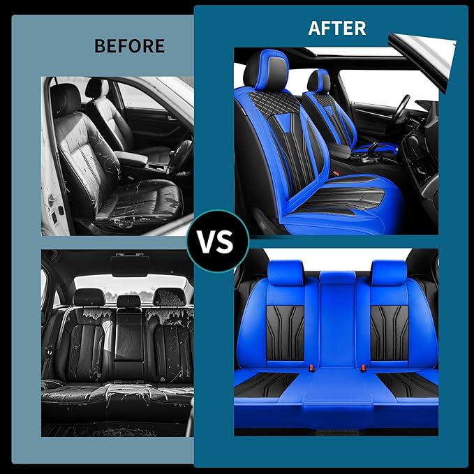 Fit Prius Car Seat Covers for Toyota Prius 2001-2026 -Premium Leather, Waterproof Stain-Resistant, Breathable，All-Weather Seat Cushion Protecto & Airbag Compatible, 2 Front Seat Blue & Black