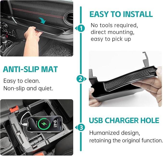 4PCS Center Console Organizer Combo Kit Compatible with 2018-2023 Jeep Wangler JL JLU 4xe Rubicon Sahara & Gladiator JT Accessories, Armrest Storage Box Set & Grab Bar Tray & Gear Shift Tray