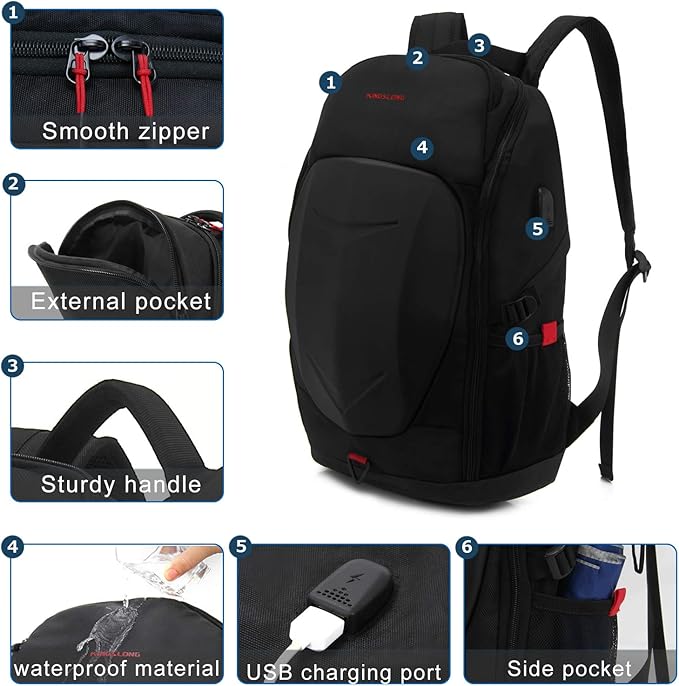 KINGSLONG 17 Inch Laptop Backpack with Hardshell, Armored Backpack with USB Port and Lightweight Rain Cover for Motorcycle Outdoor Racing Waterproof Rucksack Black