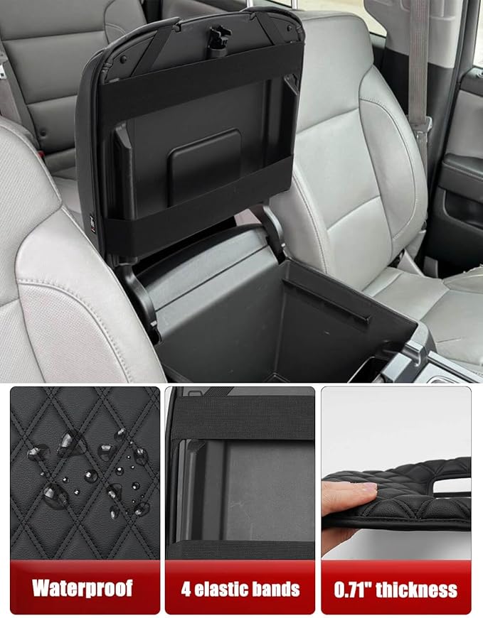 KBH Center Console Armrest Cover for Chevy Silverado & GMC Sierra 1500 2500 3500 2014-2018, Tahoe Suburban Yukon 2015-2020, Bucket Seat Console, Vinyl Leather, Black-Double Stitch