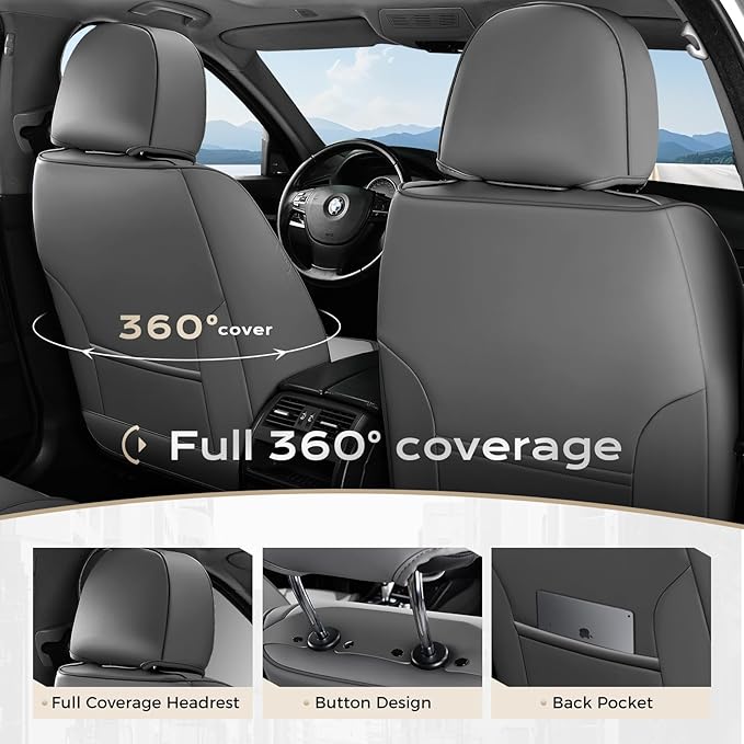 Coverado Car Seat Covers Full Set, Nappa Leather Seat Covers for Cars, Car Seat Protector Car Seat Cushion, Front and Back Seat Protectors Cushions Universal Fit for Most Cars (Gray&Light Gray)