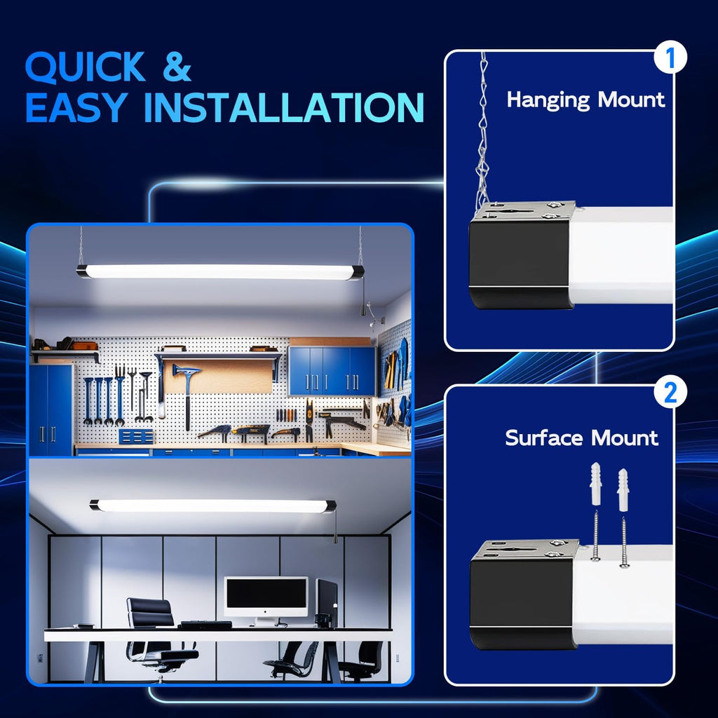 hykolity 4FT 70W LED Shop Light Linkable, 8000lm(300w Equivalent), 5000K Utility Shop Lights for Garages, Workshops, Basements, Hanging or FlushMount, with Power Cord and Pull Chain, ETL, Black,2 Pack