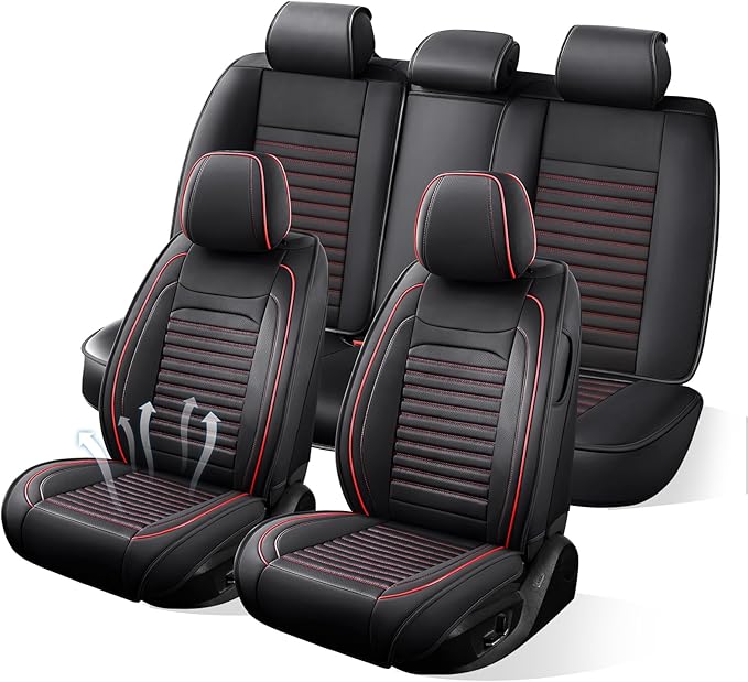 Truck Seat Covers Full Set Fit for Toyota Tacoma 2001-2026, Premium Faux Leather Car Seat Protector,Breathable Anti-Slip Full Wrapping Edge Seat Covers(Black&Red,Full Set)