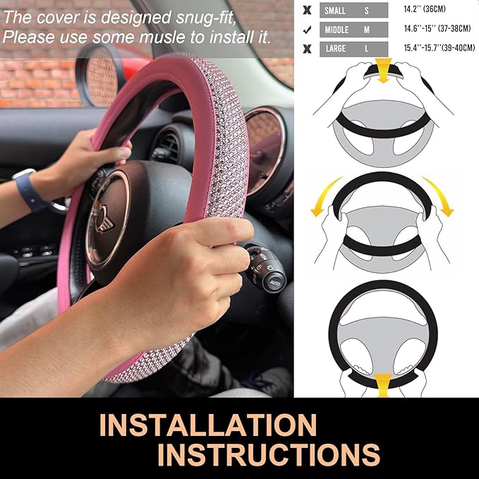 PINCTROT Bling Bling Comfy Steering Wheel Cover with Jumbo Crystal Rhinestones, Anti-Slip Diamond Leather, Universal 15 Inch (All Pink)