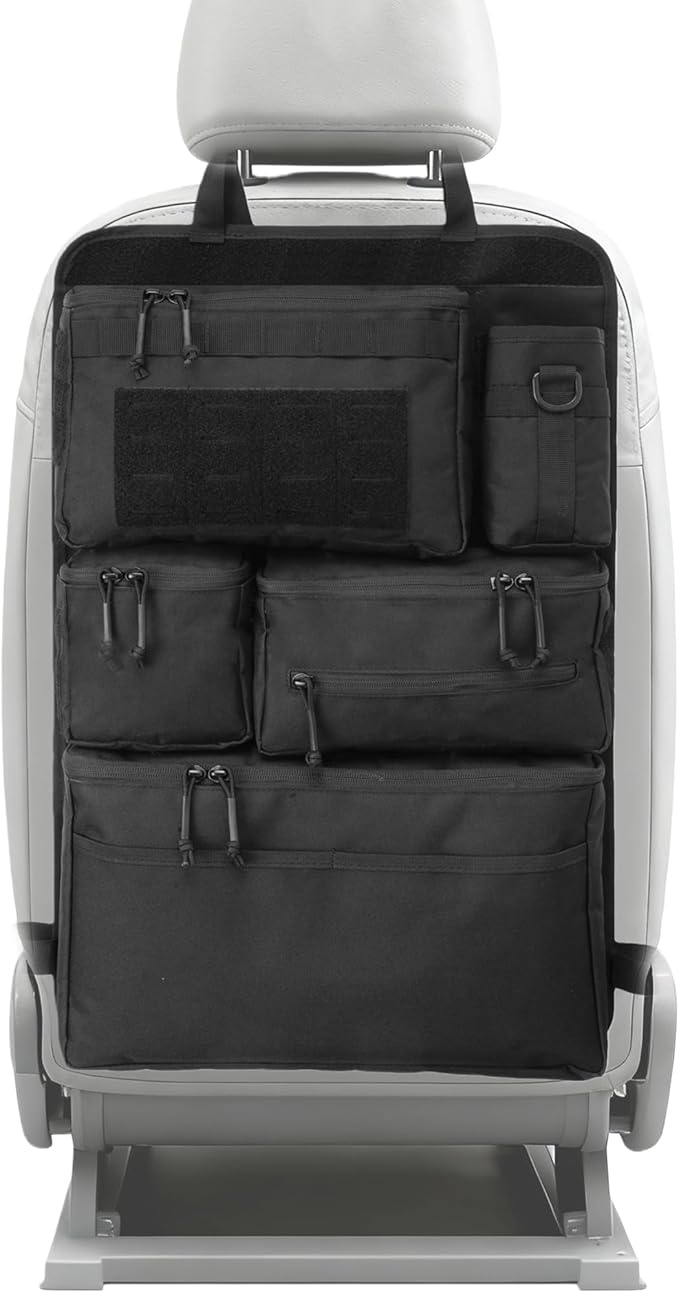 6 Pack Tactical Molle Car Seat Back Organizer - Tactical Vehicle Panel Organizer with 5 Detachable Molle Pouch,US Flag Patch and Keychain,Great Trunk Accessories for Man