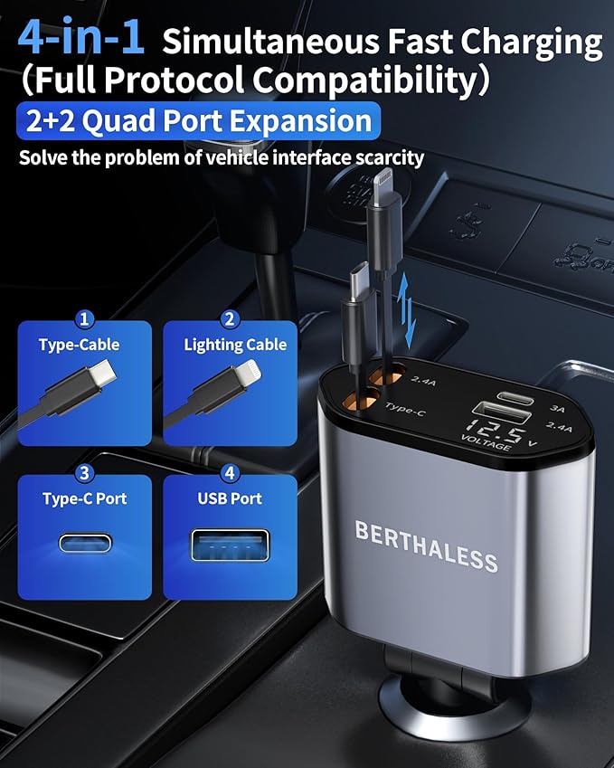 BERTHALESS Retractable Car Charger, 4 in 1 Fast Charging Car Charger with USB-C & USB-A, Compatible with iPhone 17/16/15/14/13/12/11,Galaxy,Pixel, Car Accessories for Men Women Drivers
