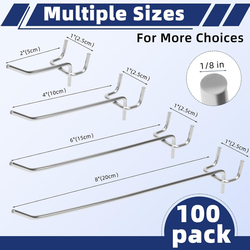 100 Pack Pegboard Hooks Heavy Duty 4 6 8 Inch Pegboard Hooks 1/8 Stainless Steel Peg Board Shelving Hanging Tool Pegs Organizer Accessories Kit for Garage Kitchen Store Craft Organizing Wall Storage