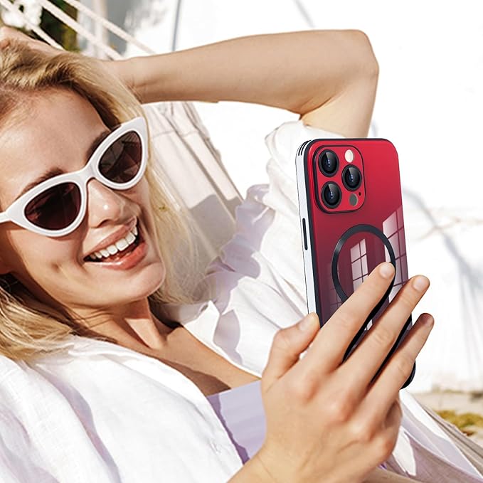 Guppy Compatible with iPhone 12 Pro Max Magnetic Case, Magnetic Gradient Case with Charging, Gradient Glass Back Cover with Lens Film-Red