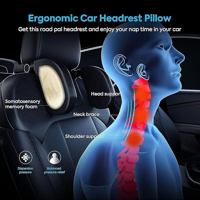 Headrest Lumbar Pillows Car Seat for Toyota Land Cruiser 2000-2025, Ergonomic Neck Back Support Cushion, Comfortable Breathable Washable Cover, Memory Foam,Black