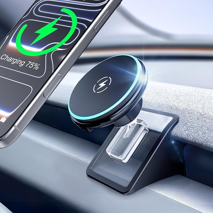 CloudValley Magnetic Qi2 15W Wireless Charger Phone Mount for Tesla Model 3 Highland Model Y Juniper, Strong Grip, 360° Adjustable, Dashboard Car Charger Holder 2025, Design for iPhone MagSafe 17-12