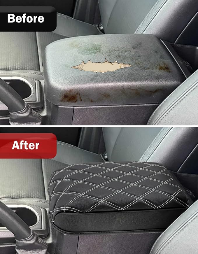 Center Console Armrest Cover for Toyota Tacoma 2016-2023, Middle Console Cushion Pad, Arm Rest Lid Covering, Vinyl Leather Interior Accessories, Black-Gray Stitches