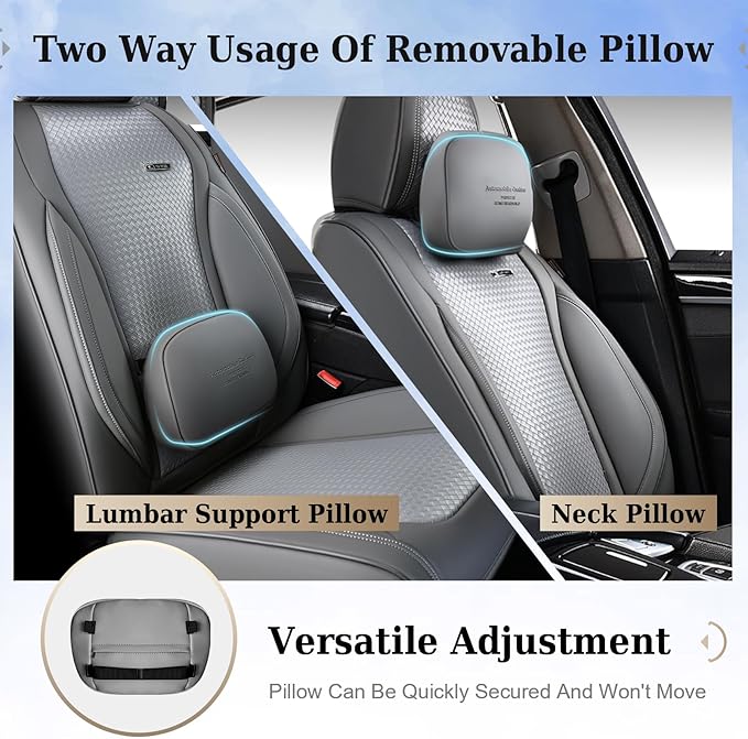 Coverado Seat Covers, Car Seat Covers Front Seats, Waterproof Nappa Leather Auto Seat Cover with Lumbar Head Pillow, Gray Seat Covers Carseat Cover Universal Fit for Most Cars