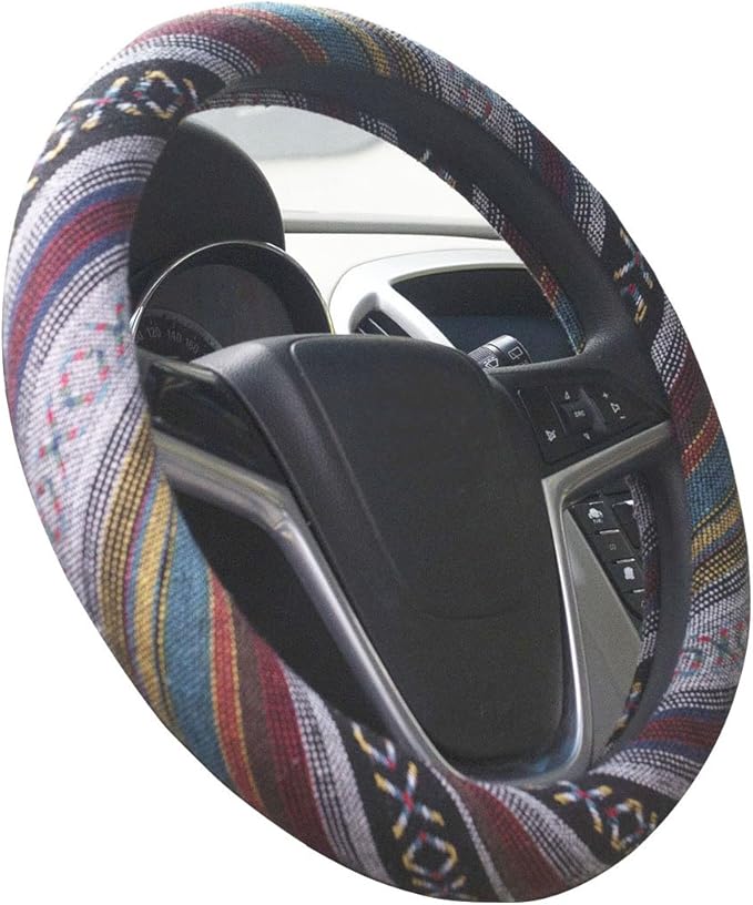 Small Ethnic Style Coarse Flax Cloth Automotive Steering Wheel Cover Anti Slip and Sweat Absorption Auto Car Wrap Cover (14''-14.25, E)