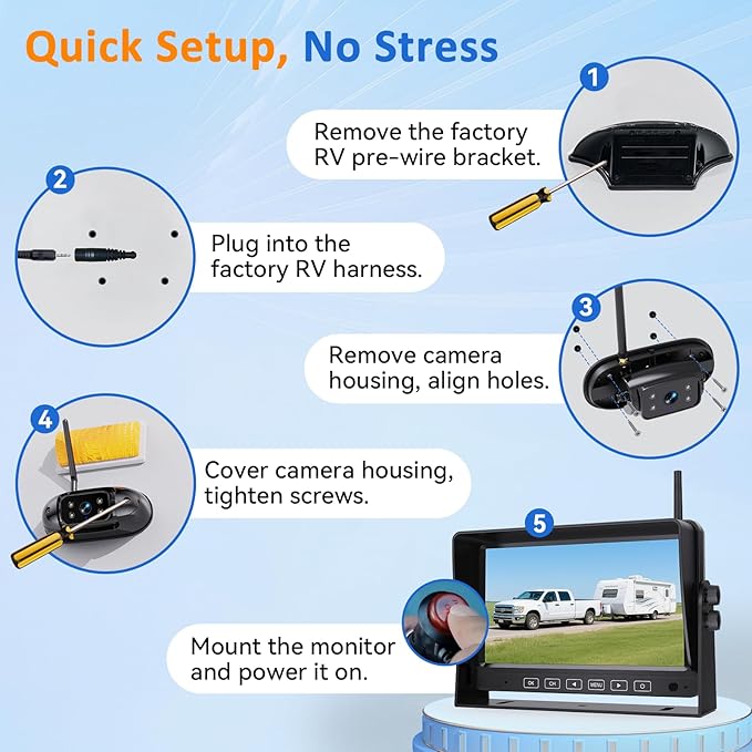 Wireless Backup Camera for Trailer - 7" 1080P RV Backup Camera with 4-Channel Split-Screen Monitor, AI Detection, Night Vision, Loud Beeps, Plug & Play, Compatible with Furrion Pre-Wired RVs