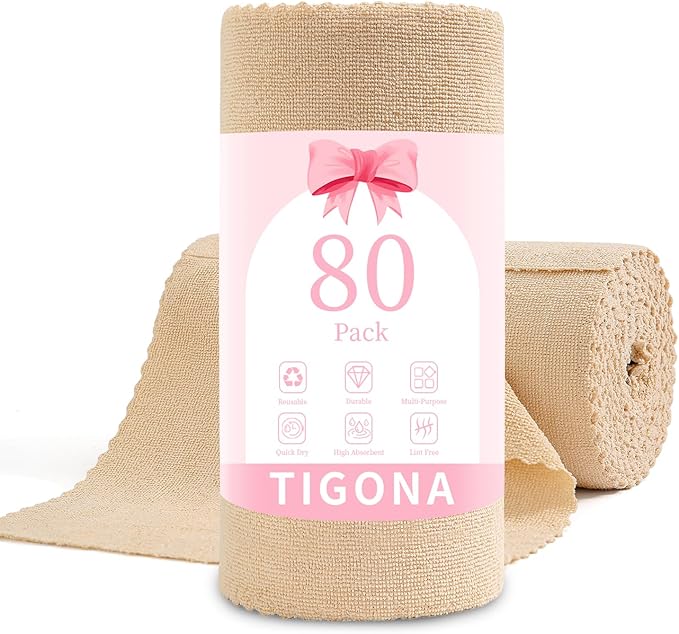 80 Pack Microfiber Cleaning Cloth Roll,Lint Free Rags & Tear Away Reusable Towels Washable Scratch,Ultra Absorbent Dish Rags(12" x 12") for Car Kitchen Home Garage-Apricot Yellow
