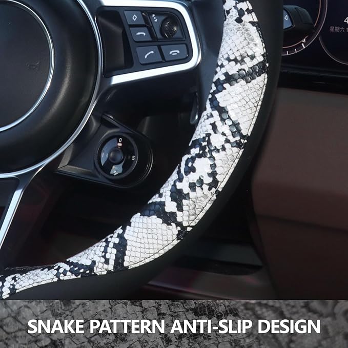 ZHOL Snake Skin Steering Wheel Cover, Breathable Microfiber Leather Universal 14.5-15 inch, Anti-Slip Car Steering Wheel Protector for Women Men, Black&White
