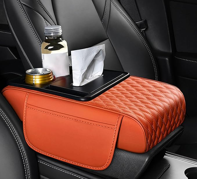 Car Armrest Center Console Cover for Cadillac Escalade 1999–2025, Center Console Pad with Cup Holder, Multifunctional Armrest Cushion,F Orange
