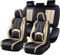 Coverado Car Seat Covers, Leather Seat Covers Full Set, Waterproof Car Seat Protector with Lumbar Support, Automotive Seat Covers Seat Cushions Universal Fit for Most Cars SUV Trucks, (Black&Beige)