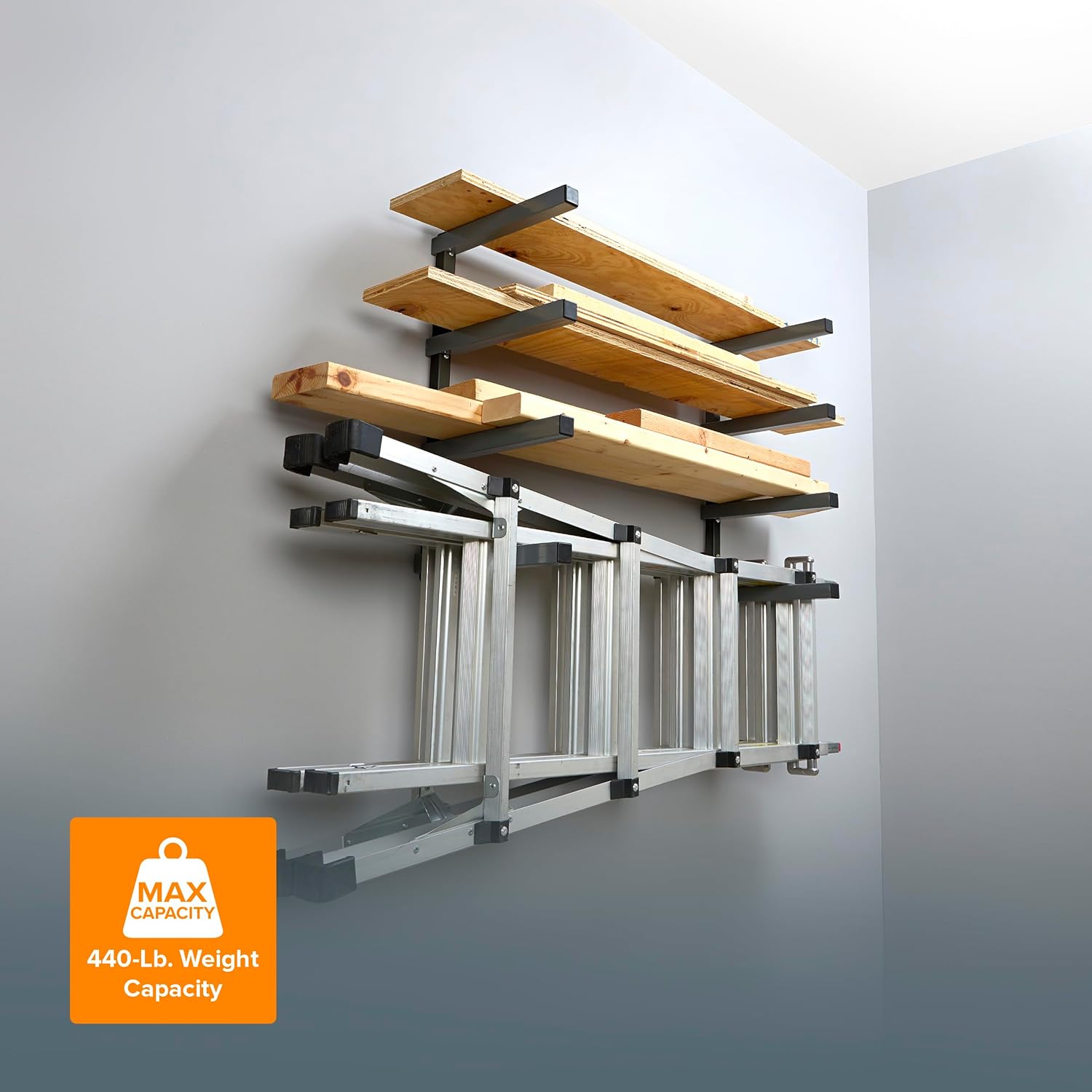 Bora 4-Level Lumber Storage Rack Wood and Garage Organization Space-Saving Metal Shelf for Pipes, Boards, Plywood, and Building Materials - PBR-004B Black Gray
