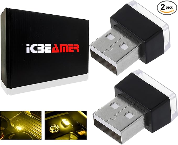 ICBEAMER USB Type-A LED Night Light 2-Pack (Yellow) | Plug-in Universal Fit Automotive Accessory for Car Interior and Trunk Ambient Atmosphere Lighting