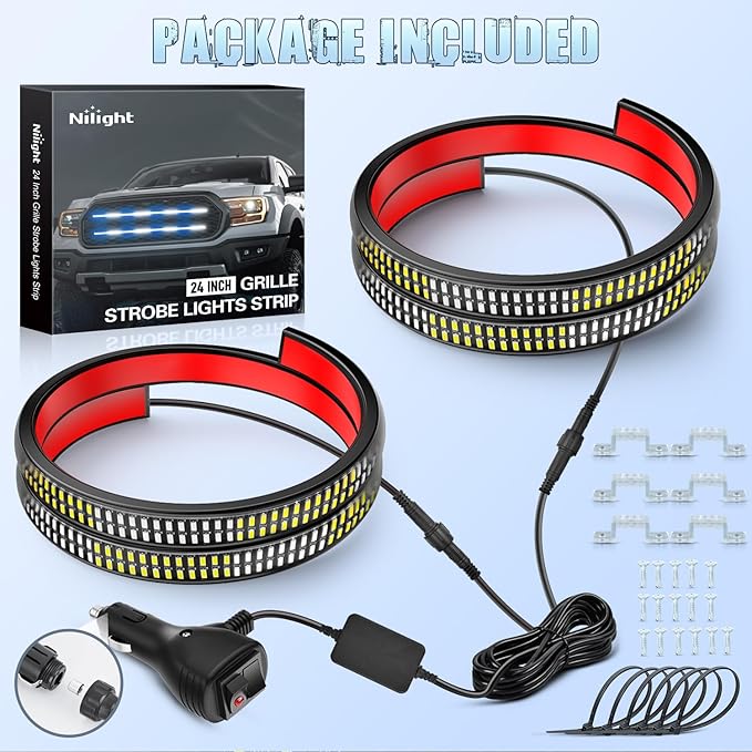 Nilight 2PCS 24 inch Truck Grille Strobe Lights Strip 384 LED Emergency Light Blue White Flexible Side Flashing Warning Caution Safety Waterproof Lighting Kit for Trucks Tow Plow Construction Vehicles