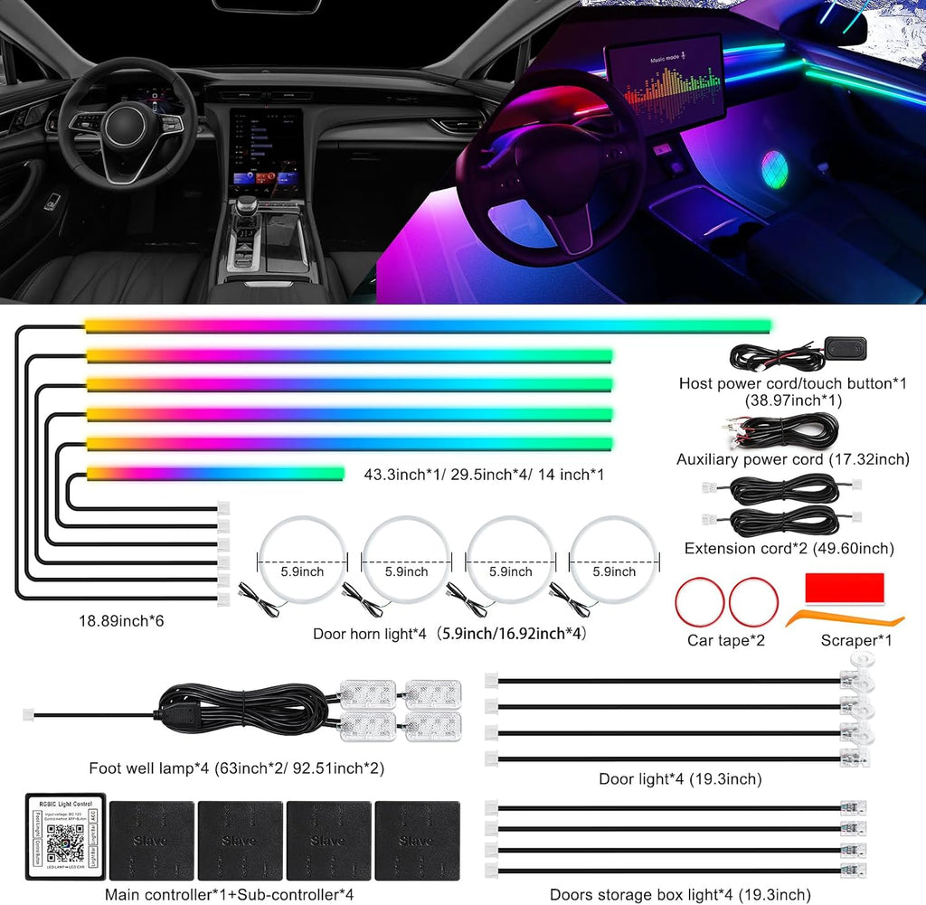 Dreamcolor Acrylic Interior Car LED Strip Light with Wireless APP, RGB 22 in 1 with 175 inches 612 LEDs Fiber Optic Strip Lights for Car, Dual Zone Music Sync Neon Car Ambient Lighting Kits
