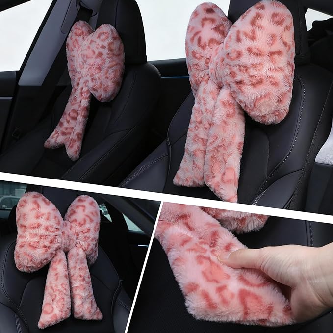 Macarrie 2 Pcs Car Neck Pillow Plush Butterfly Bow Car Headrest Pillow Comfortable Seat Neck Support Cute Head Rest Accessories for Driving Travel Driver Chair Girl Style Interior Decor (Pink Leopard)