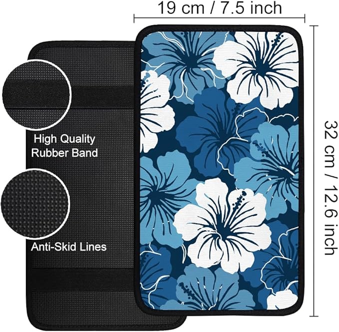 1pc Center Console Armrest Cover Pad 12.6x7.5 inch Blue Aqua Flower Neoprene Car Armrest Cushion Waterproof Armrests Seat Box Cover Protector for Universal Cars Vehicles SUVs