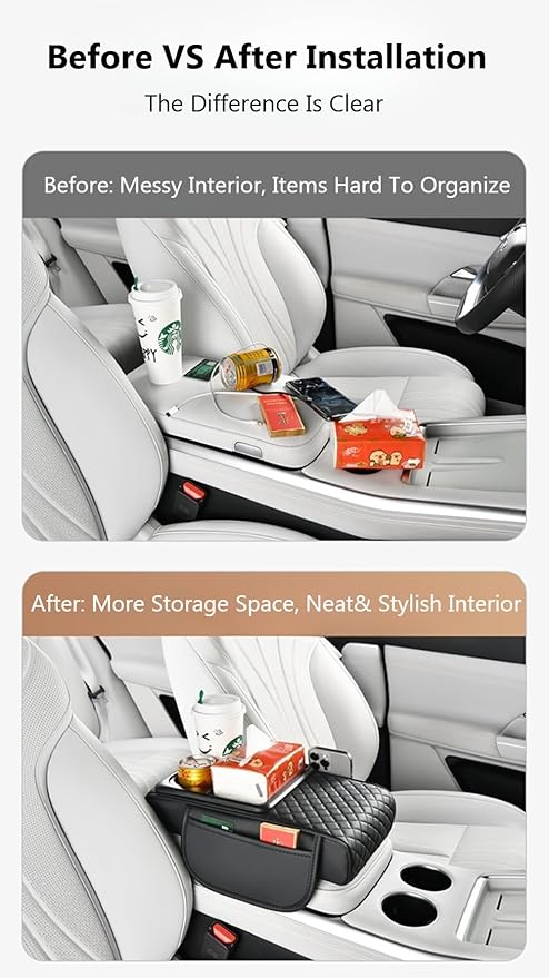Car Armrest Pad with Built-in Induction Charging, Leather Center Console Cushion with 15W Power Pad, Dual Cup Holders, Storage Pockets - Grey