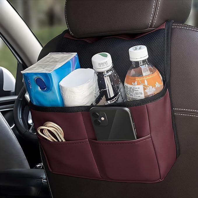 Car Seat Back Organizer, Multipurpose Leather Vehicle Backseat Hanging Bag Holder with Pockets, Large Capacity Automotive Interior Storage Box Accessories, Universal Fit (Brown Red)