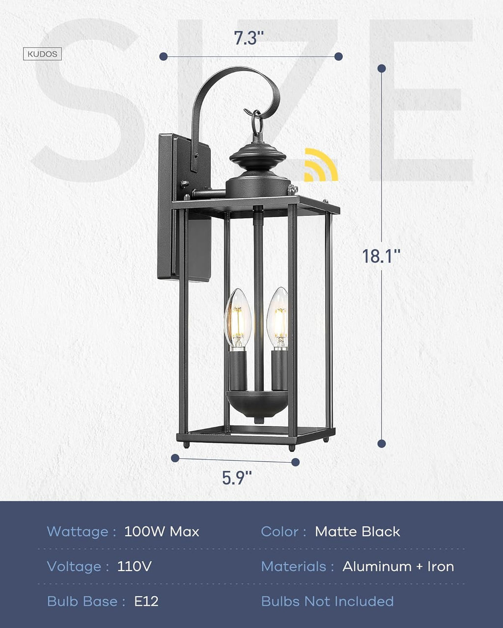 kudos Dusk to Dawn Outdoor Lighting,18.1 inch Light Sensor Porch Lights, Anti-Rust Waterproof Outdoor Wall Light for Patio, Garage, Black with Clear Glass, KDOWL02-BK-L-LC