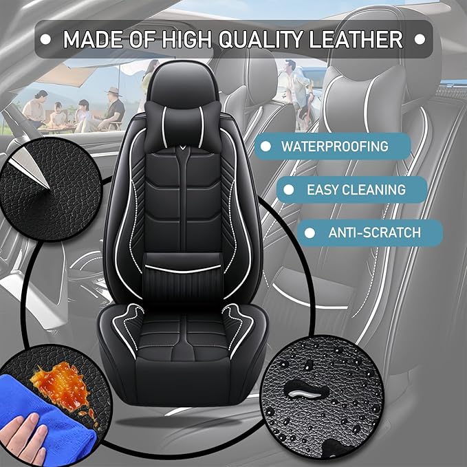 Leather Car Seat Covers Fit for Toyota Echo 2000-2005, 5 Seater Car Seat Cover, Premium Waterproof, Scratch Resistant Car Interior Accessories (Full Set with Pillow Black White)