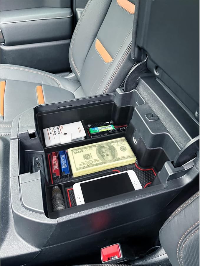 Full Size Center Console Organizer Tray Compatible with 2019-2022 Chevy Silverado/GMC Sierra 1500 and 2020-2022 2023 Silverado/Sierra 2500HD 3500HD Accessories -Full Console w/Bucket Seats ONLY, Red