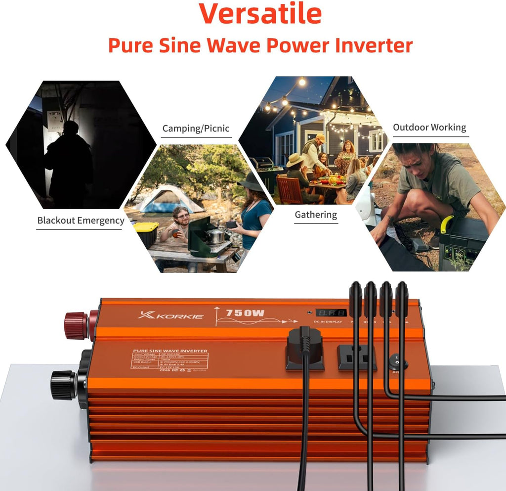 750W Pure Sine Wave Inverter, Car Power Inverter, 12V DC to 110V AC Power Converter, Emergency Power Inverter with Type-C, Dual 5.2V/2.4A USB, 3AC Outlets for Home,Camping, RV, Truck, Vehicles