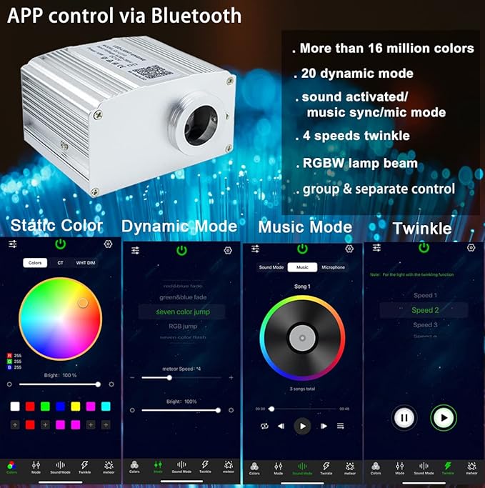AZIMOM Bluetooth Control 10W Twinkle Fiber Optic Star Lights Ceiling Light Kits with 450pcs*0.03in*9.8ft Strands Sound Activated RGBW APP/ Remote Light Engine for Indoor Car Home Interior Decoration