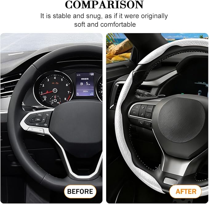 3PCS Carbon Fiber Car Steering Wheel Cover, Leather Segmented Anti-Skid Steering Wheel Protector, Snap on Automotive Interior Protection Accessories, Universal for Vehicles (White)