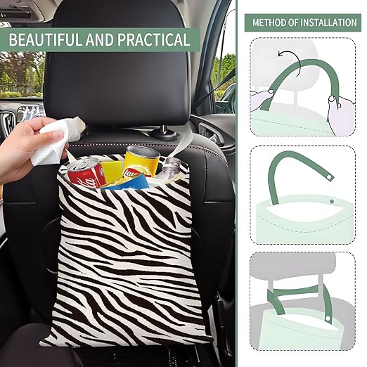 Cute Car Trash Can, Hanging Canvas Car Back Seat Organizer and Storage Bag, Funny Car Trash Bag For Travelling, Outdoor Cute Black White Zebra