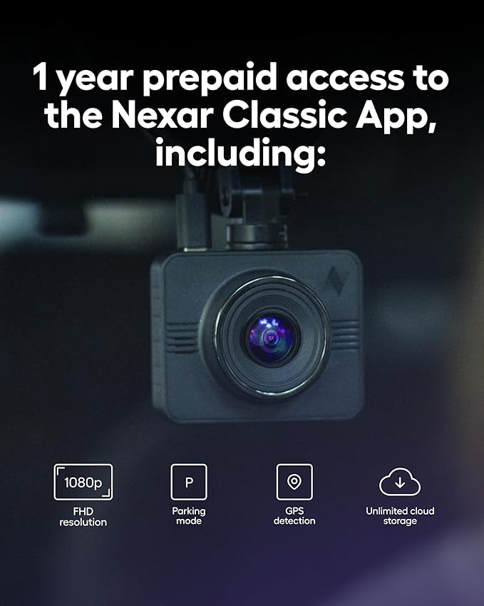 Nexar Beam GPS Dash Cam - 1 Year Nexar App Subscription Included - Unlimited Cloud Storage, Drive Recordings, Parking Mode, Night Vision, All Inside the Nexar App - WiFi HD Front Dash Cam (64 GB SD)