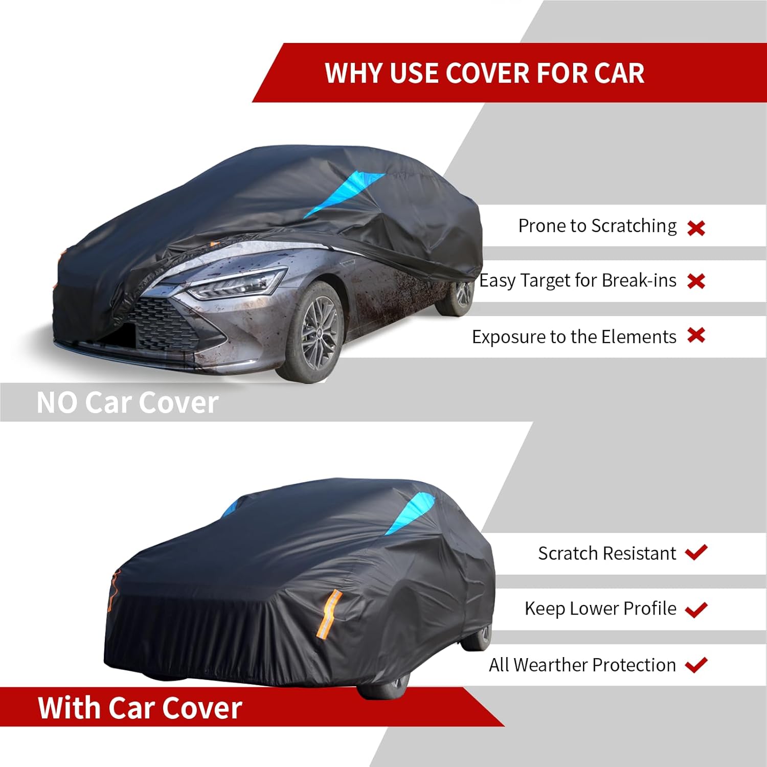 Car Cover Waterproof All Weather, 6 Layers Car Covers for Automobiles, Full Exterior Cover with Zipper, Outdoor Car Cover Sun UV Rain Snow Wind Protection for Sedan (173-183 inch)