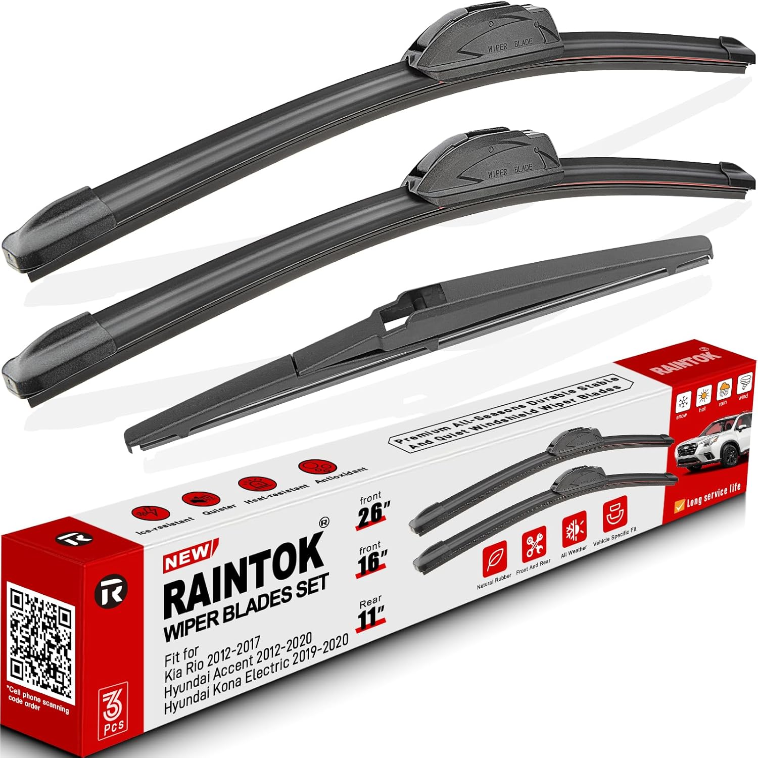 Windshield Wiper Blades Replacement for Kia Rio Hyundai Accent Kona Electric 2012 2013 2014 2015 2016-2020 Original Factory Quality Front Rear Wipers Blade Set for Car - 26" 16" 11" (Set of 3)
