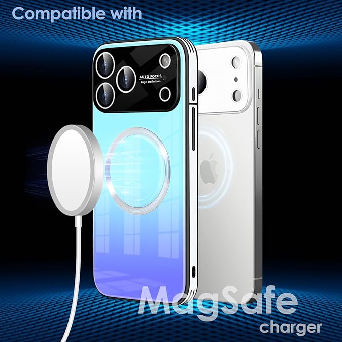 Guppy Compatible with iPhone 17 Pro Max Magnetic Case, with Full Camera Lens Protector [Compatible with MagSafe] Scratch Resistant Gradient Glass Back Cover Phone Case-Blue