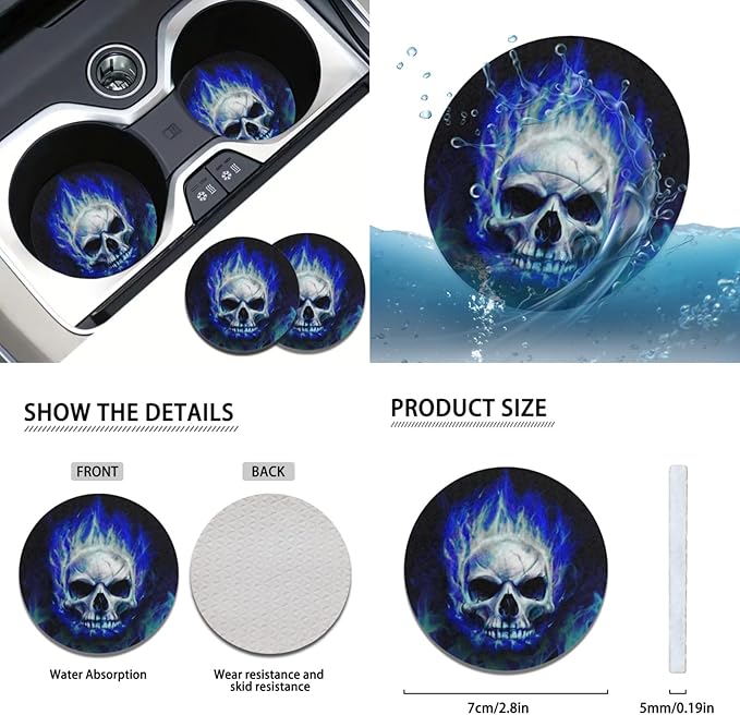FKELYI Cool Skull Car Seat Covers Set Blue Fire Car Interior Seat Protector,Absorbent Cup Holder Pads,Steering Wheel Cover,Gear Shift Cover,Handbrake Cover,Headrest Covers