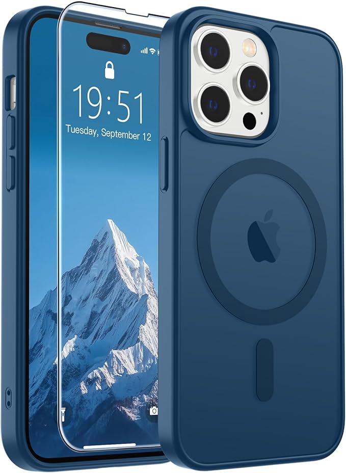 SUPFINE Magnetic for iPhone 14 Pro Max Case with Screen Protector (Compatible with MagSafe) (Military Grade Drop Protection) Translucent Matte Shockproof with Anti-Fingerprint Phone Case,Deep Blue