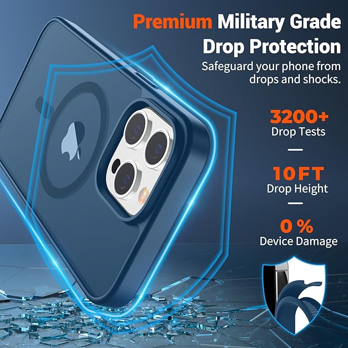 SUPFINE Magnetic for iPhone 14 Pro Max Case with Screen Protector (Compatible with MagSafe) (Military Grade Drop Protection) Translucent Matte Shockproof with Anti-Fingerprint Phone Case,Deep Blue