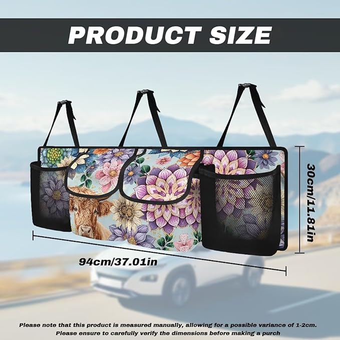Highland Cow Car Trunk Organizer with Lid Boho Mandala Floral Blossom Large Capacity Backseat Hanging Organizer for Grocery Cargo