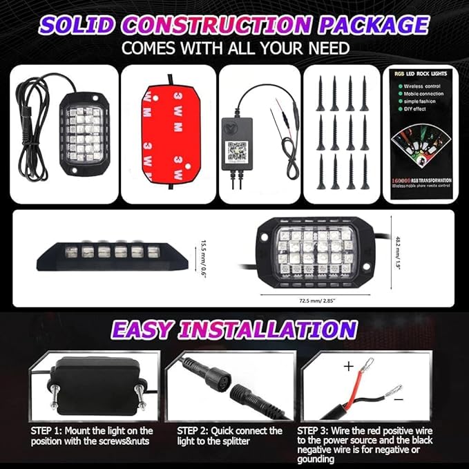 RGB LED Rock Lights Kit, 4 pods Underglow Multicolor Neon Light Pod with Bluetooth App Control Flashing Music Mode Wheel Well Light for Truck ATV UTV RZR SUV
