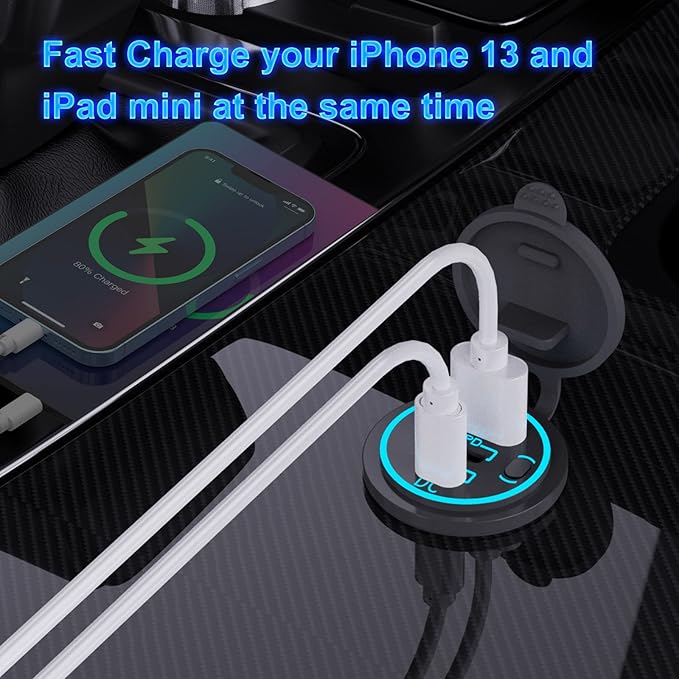 2 Pack 12V USB Outlet Wired Charger Multi Port, Dual PD3.0 USB-C and Quick Charge 3.0 Car Port Socket with Power Switch, Fast Charger for Cell Phone Tablet, Suitable for Car Boat RV Marine ATV