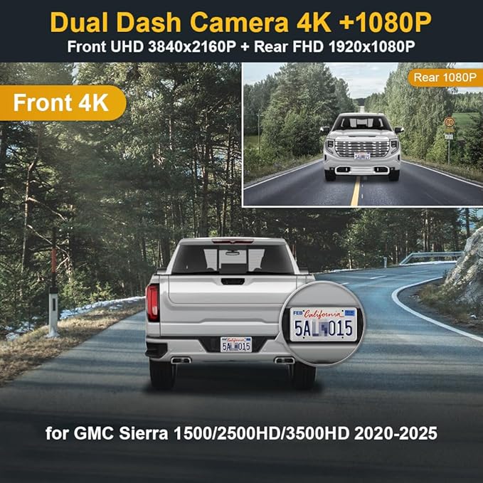 Fitcamx Front 4K+Rear 1080P Dash Cam Adapts for GMC Sierra 2020-2026 (HD2-6272, Check Vents Amount), OEM Look, Dual HD Video, WiFi & APP, Loop Recording G-Sensor, Easy to Use, 2 Cables/128GB Card