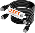 HUANCHAIN Indoor Outdoor Black Extension Cord 25 ft 2 Pack Waterproof, 16/3 Gauge Flexible Cold-Resistant Appliance Cable Outside, 13A 1625W 16AWG SJTW, 3 Prong Heavy Duty Electric Cord, ETL