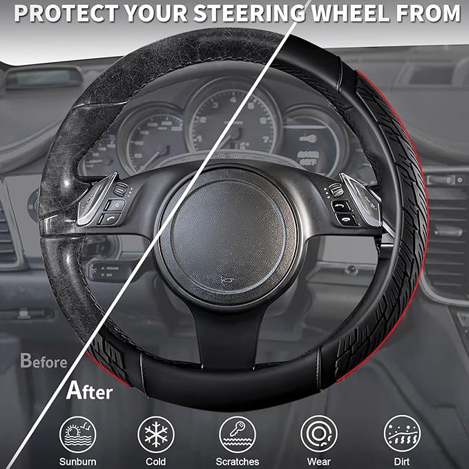 CAR PASS Leather Rubber Steering Wheel Cover Set,Tire Tread Pattern Design,Non-Slip Wear-Resistant,Equipped with Mobile Phone Holder and Non-Slip Cup Mat,Suitable for Steering Wheel 14.5-15”Black Red